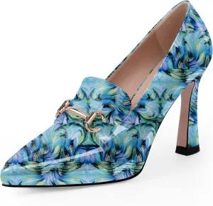 Women's Pointed Toe High Heel Pumps Comfortable Slip On Patent Leather Platform Loafers Metal Decoration Office Dressy Casual Shoes