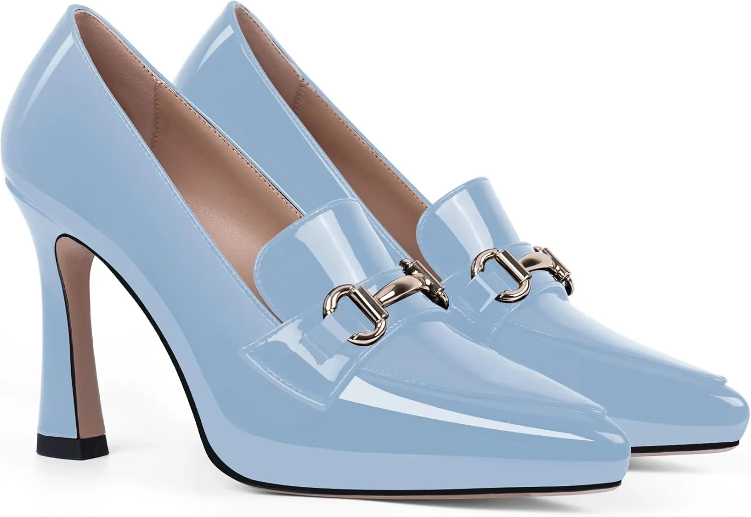 Women's Pointed Toe High Heel Pumps Comfortable Slip On Patent Leather Platform Loafers Metal Decoration Office Dressy Casual Shoes