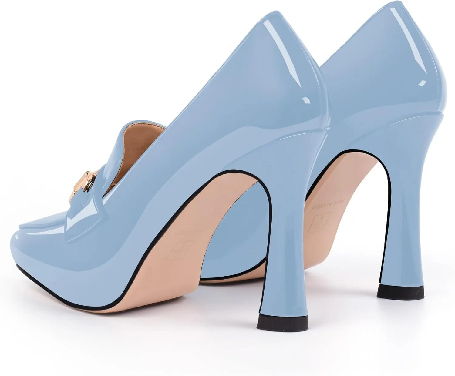 Women's Pointed Toe High Heel Pumps Comfortable Slip On Patent Leather Platform Loafers Metal Decoration Office Dressy Casual Shoes
