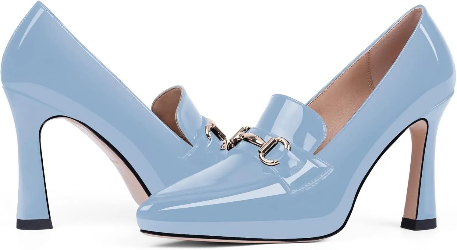 Women's Pointed Toe High Heel Pumps Comfortable Slip On Patent Leather Platform Loafers Metal Decoration Office Dressy Casual Shoes