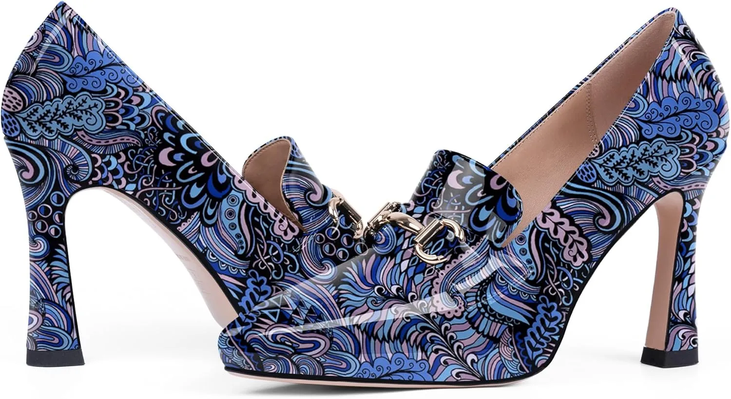 Women's Pointed Toe High Heel Pumps Comfortable Slip On Patent Leather Platform Loafers Metal Decoration Office Dressy Casual Shoes