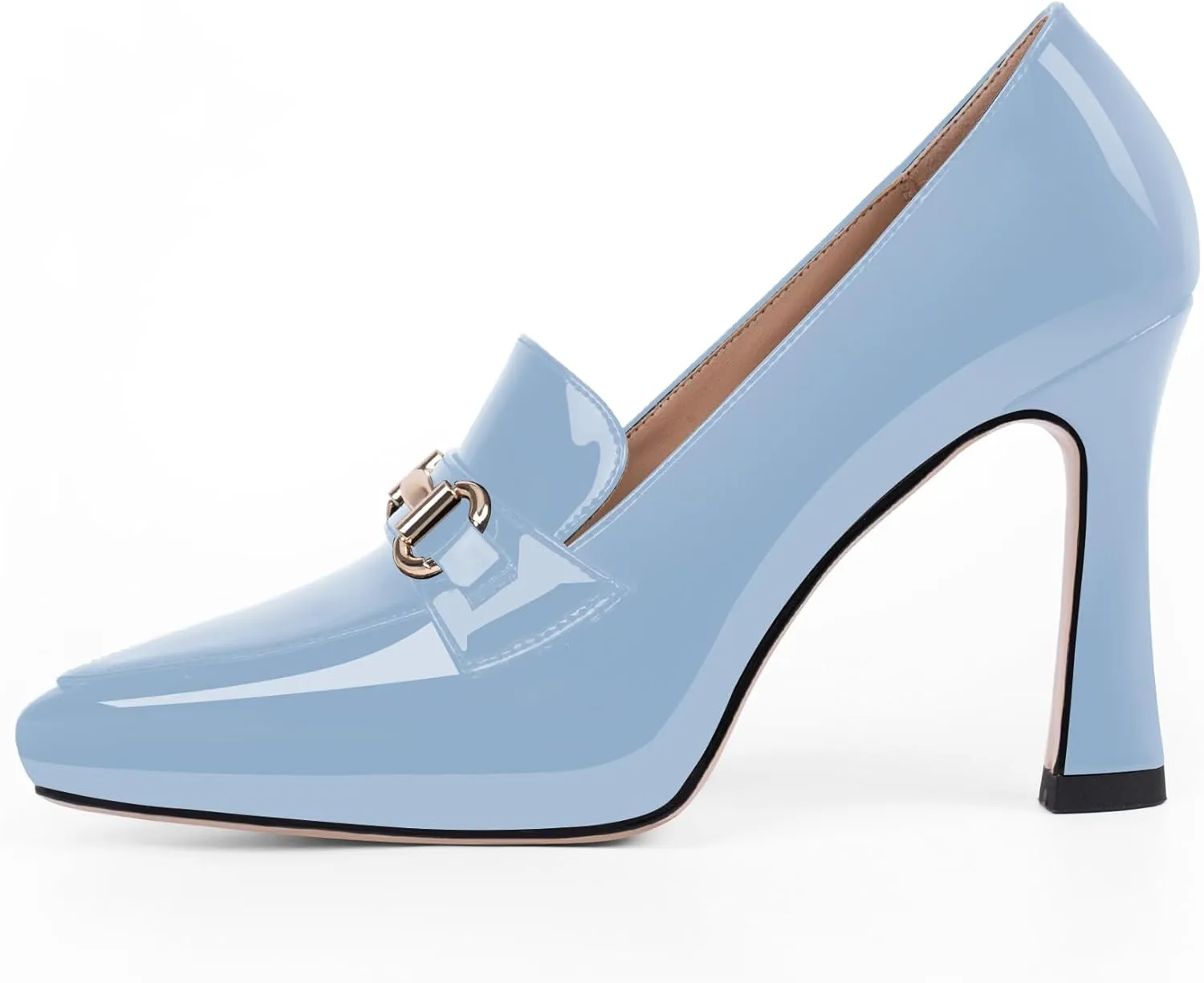 Women's Pointed Toe High Heel Pumps Comfortable Slip On Patent Leather Platform Loafers Metal Decoration Office Dressy Casual Shoes