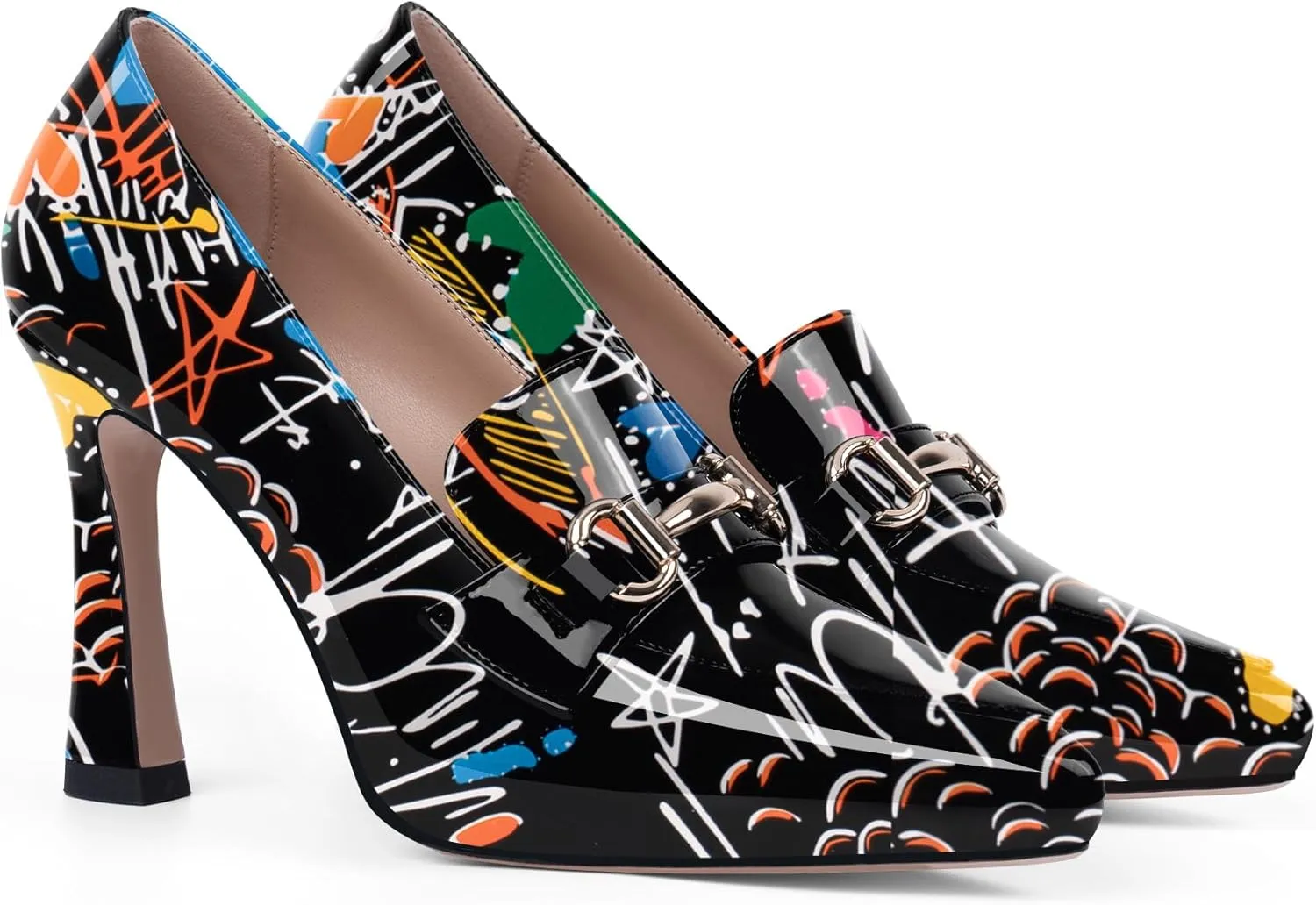 Women's Pointed Toe High Heel Pumps Comfortable Slip On Patent Leather Platform Loafers Metal Decoration Office Dressy Casual Shoes