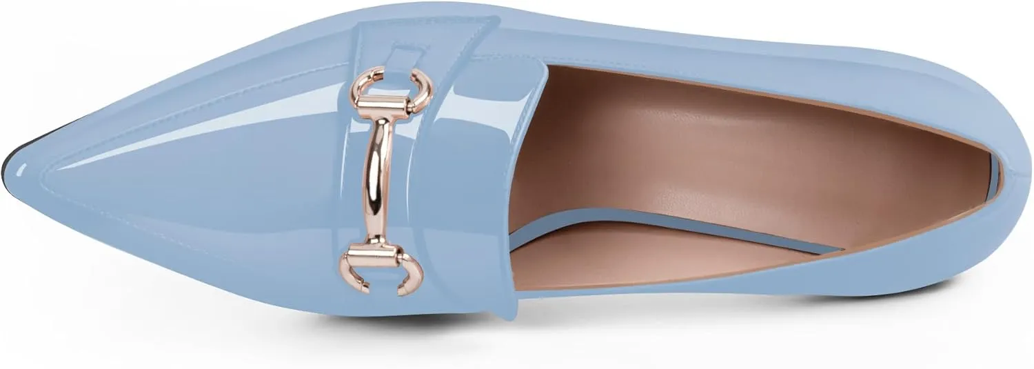 Women's Pointed Toe High Heel Pumps Comfortable Slip On Patent Leather Platform Loafers Metal Decoration Office Dressy Casual Shoes