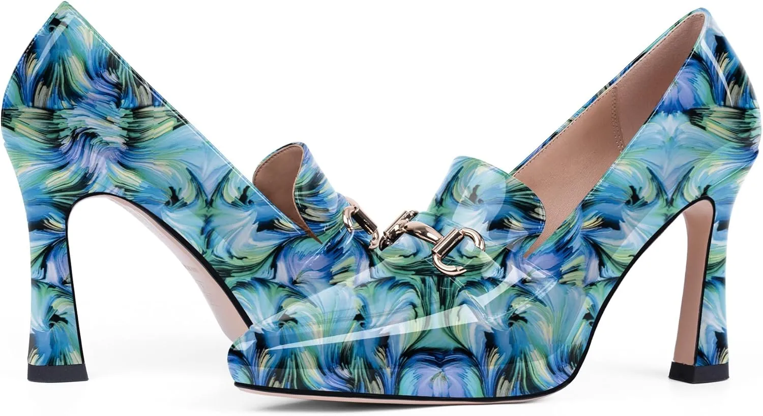 Women's Pointed Toe High Heel Pumps Comfortable Slip On Patent Leather Platform Loafers Metal Decoration Office Dressy Casual Shoes