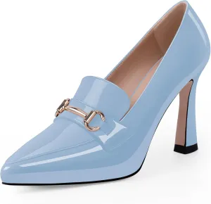 Women's Pointed Toe High Heel Pumps Comfortable Slip On Patent Leather Platform Loafers Metal Decoration Office Dressy Casual Shoes