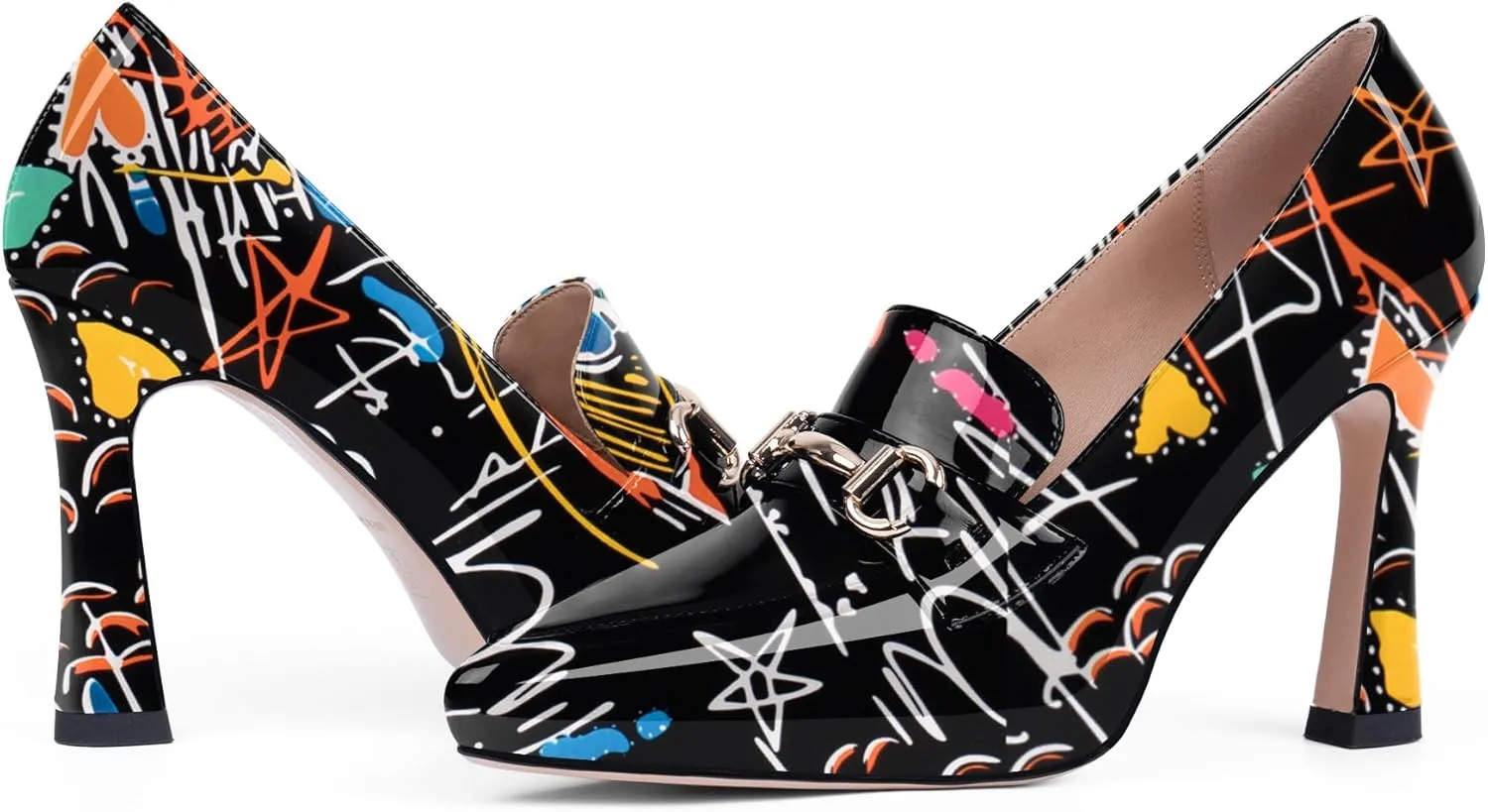 Women's Pointed Toe High Heel Pumps Comfortable Slip On Patent Leather Platform Loafers Metal Decoration Office Dressy Casual Shoes