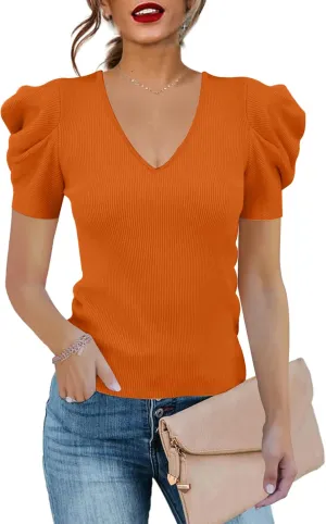 Women's Puff Long Sleeve Knit Pullover Sweaters Casual V Neck Ribbed Solid Soft Slim Fit Sweater Blouse Tops