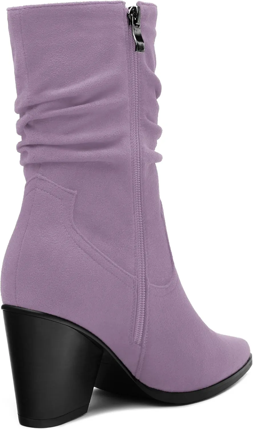 Women's Purple Faux Suede Mid-Calf Boots, Chunky Heel, Pointed Toe, Side Zipper, Casual Fashion Boots for Women