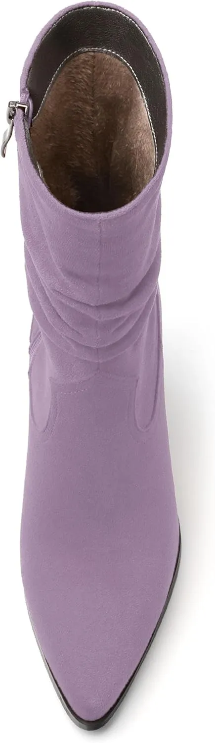 Women's Purple Faux Suede Mid-Calf Boots, Chunky Heel, Pointed Toe, Side Zipper, Casual Fashion Boots for Women