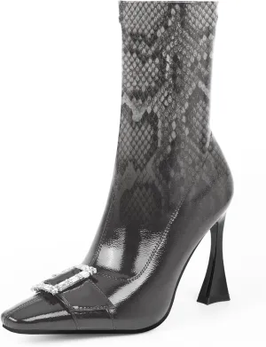 Women's Rhinestone Buckle Stiletto High Heel Ankle Boots Closed Toe Dress Party Booties