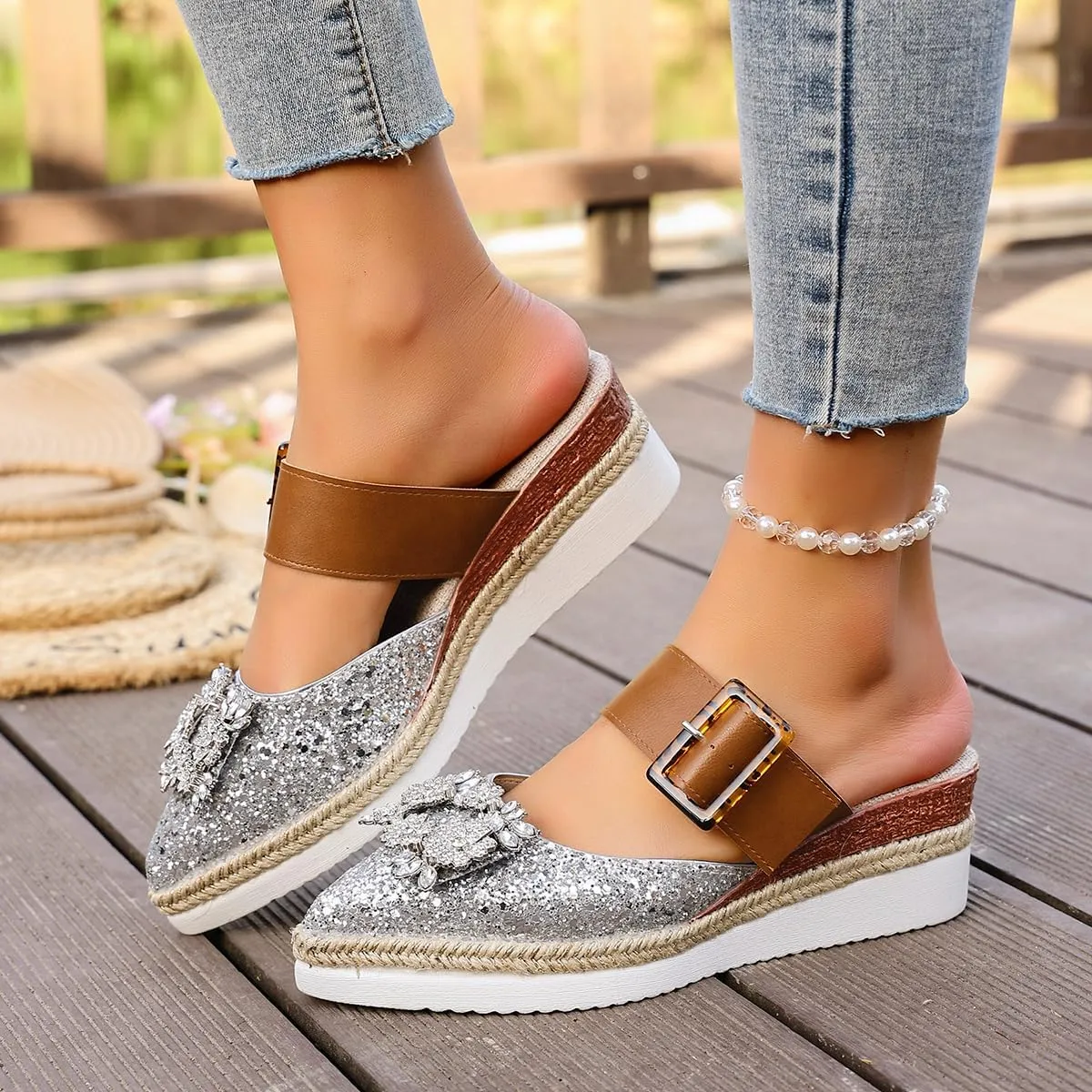 Women's Rhinestone Flat Mules Comfortable Square Toe Slip on Penny Loafers Ladies Baotou Clogs Half Slides Mules