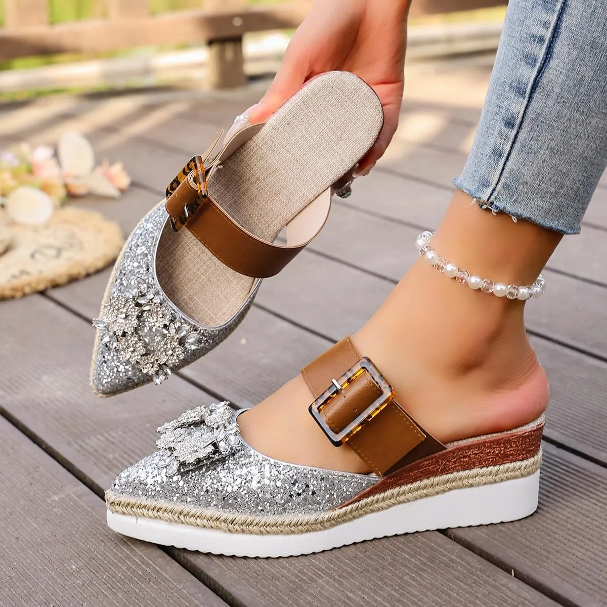 Women's Rhinestone Flat Mules Comfortable Square Toe Slip on Penny Loafers Ladies Baotou Clogs Half Slides Mules