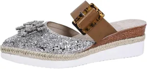Women's Rhinestone Flat Mules Comfortable Square Toe Slip on Penny Loafers Ladies Baotou Clogs Half Slides Mules