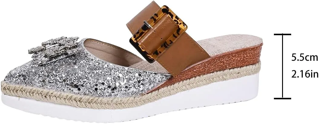 Women's Rhinestone Flat Mules Comfortable Square Toe Slip on Penny Loafers Ladies Baotou Clogs Half Slides Mules