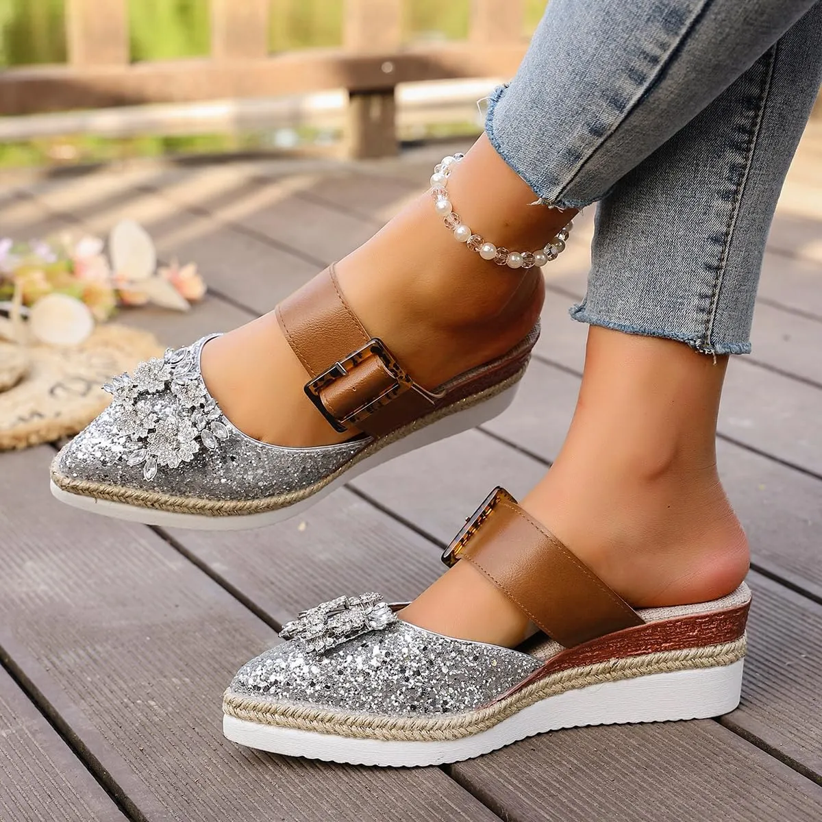 Women's Rhinestone Flat Mules Comfortable Square Toe Slip on Penny Loafers Ladies Baotou Clogs Half Slides Mules