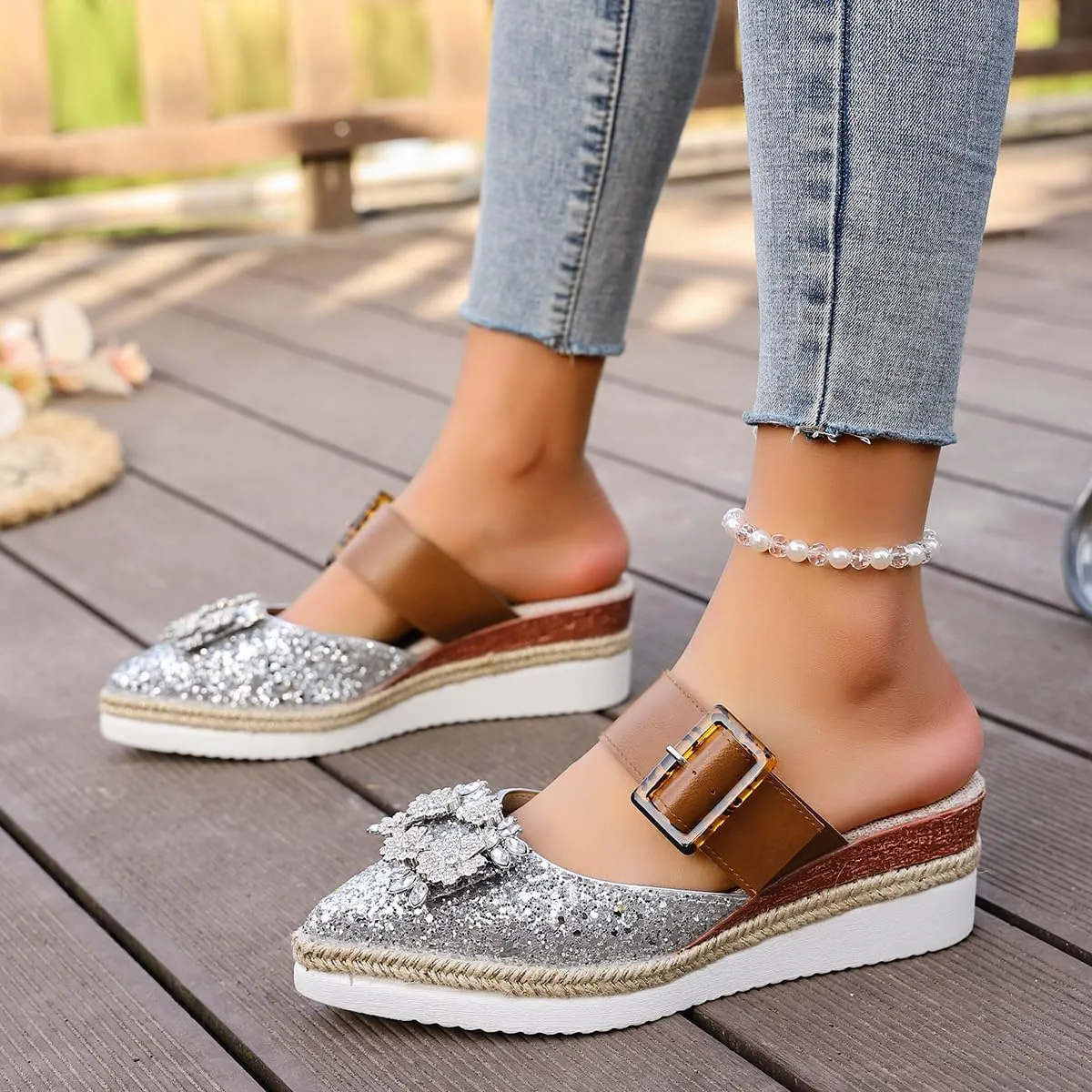 Women's Rhinestone Flat Mules Comfortable Square Toe Slip on Penny Loafers Ladies Baotou Clogs Half Slides Mules