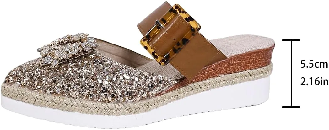 Women's Rhinestone Flat Mules Comfortable Square Toe Slip on Penny Loafers Ladies Baotou Clogs Half Slides Mules
