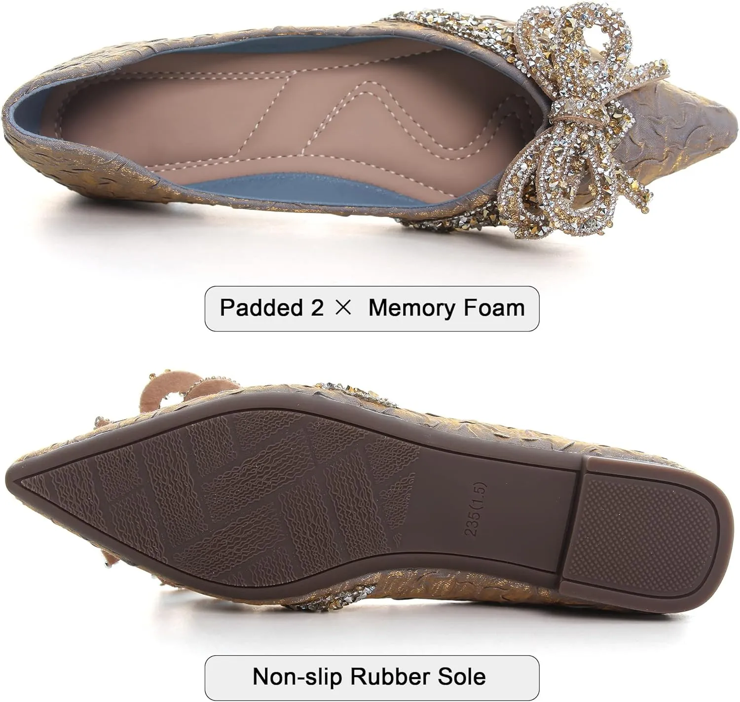 Women's Rhinestone Flats Elegant Bow Knot Glitter Ballet Flats Dress Pearl Wedding Shoes Pointed Toe Slip On Loafers for Women