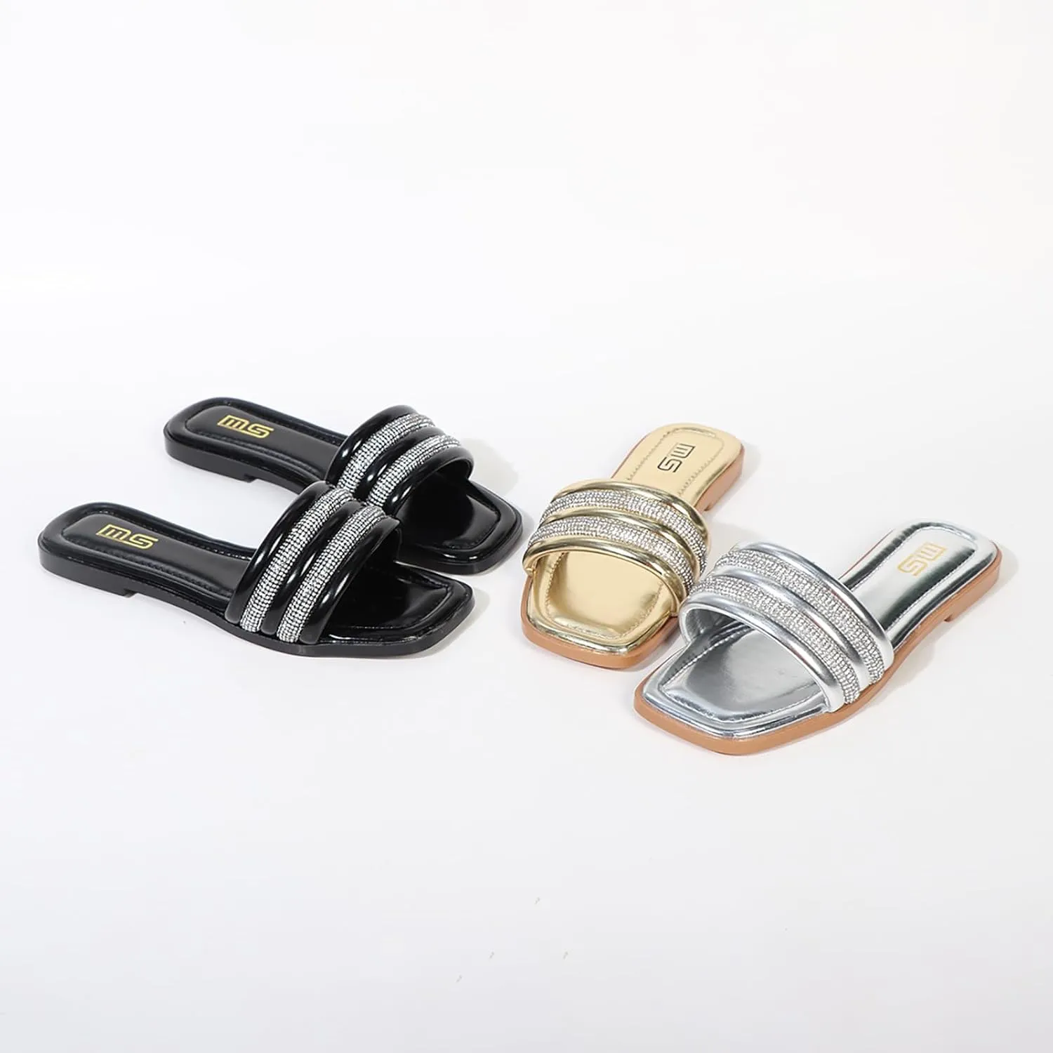 Women's Rhinestone Square Open Toe Flat Slide Sandals Fashion Strappy Glitter Bling Slip On Dressy Wedding Mule Sandals Summer Outdoor Beach Walking Slippers