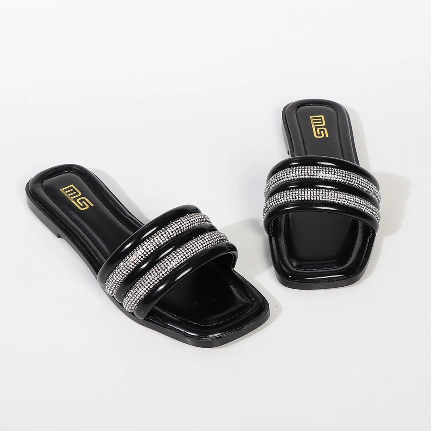 Women's Rhinestone Square Open Toe Flat Slide Sandals Fashion Strappy Glitter Bling Slip On Dressy Wedding Mule Sandals Summer Outdoor Beach Walking Slippers