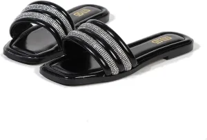 Women's Rhinestone Square Open Toe Flat Slide Sandals Fashion Strappy Glitter Bling Slip On Dressy Wedding Mule Sandals Summer Outdoor Beach Walking Slippers