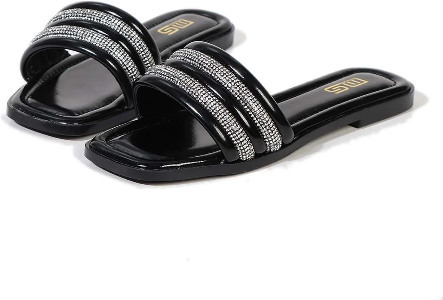 Women's Rhinestone Square Open Toe Flat Slide Sandals Fashion Strappy Glitter Bling Slip On Dressy Wedding Mule Sandals Summer Outdoor Beach Walking Slippers