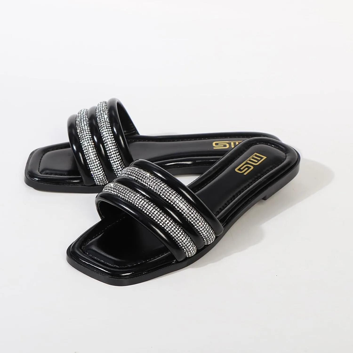 Women's Rhinestone Square Open Toe Flat Slide Sandals Fashion Strappy Glitter Bling Slip On Dressy Wedding Mule Sandals Summer Outdoor Beach Walking Slippers