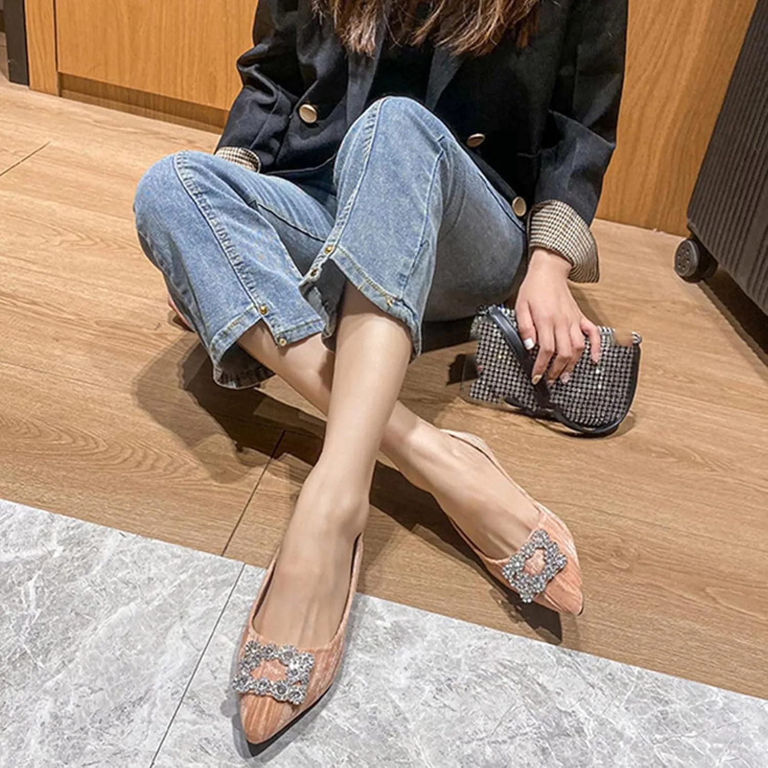 Women's Rhinestones Pointed Top Suede Flats Shoes,Comfort Slip on Flat Loafers Fashion Sparkly Wedding Party Ballerina Dress Shoes