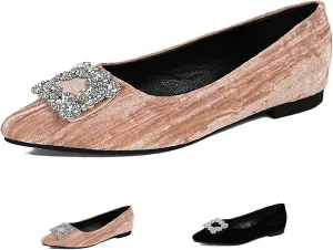 Women's Rhinestones Pointed Top Suede Flats Shoes,Comfort Slip on Flat Loafers Fashion Sparkly Wedding Party Ballerina Dress Shoes