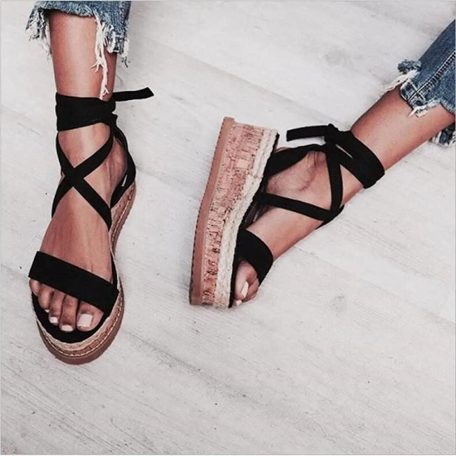 Women's Sandals Summer Wedge Espadrilles Women's Sandals Open Toe Gladiator Sandals Casual Lace Up Women's Platform Sandals