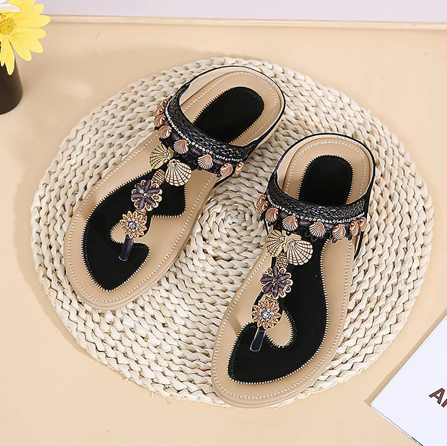 Womens Sandals Womens Sandals Shoes Walking Sandal Non Slip Casual Summer Beach Shoes Dress Women's Fashion Flip Flop Bohemia Flowers Wedge Sandal With Arch Support Clip Toe Comfort Slip On Slingback Slides