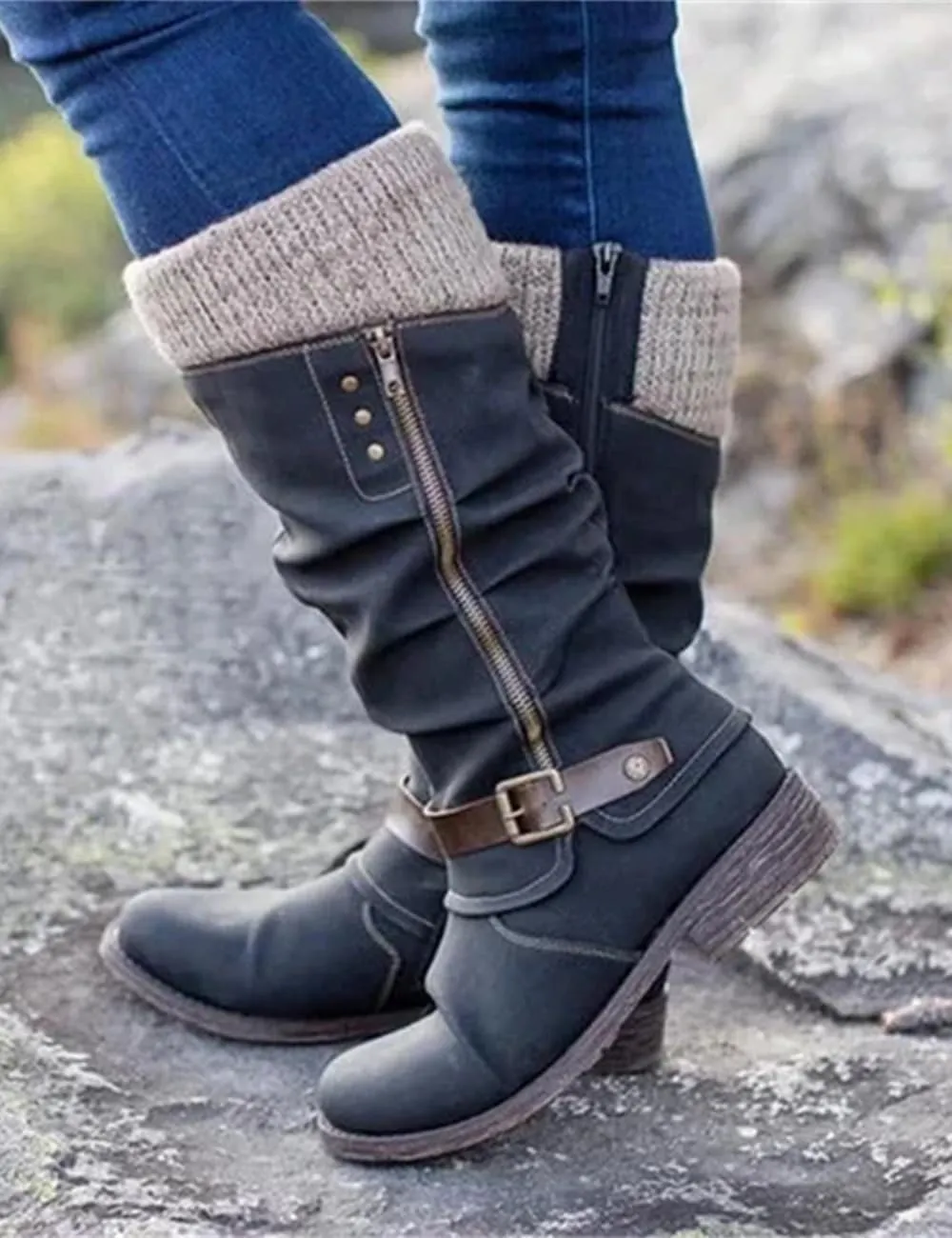 Women's Slouchy Knee-High Boots with Knit Cuffs and Buckle Detail, Women’s Leather Flat Heel Mid-Calf Zipper Boots