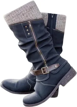 Women's Slouchy Knee-High Boots with Knit Cuffs and Buckle Detail, Women’s Leather Flat Heel Mid-Calf Zipper Boots