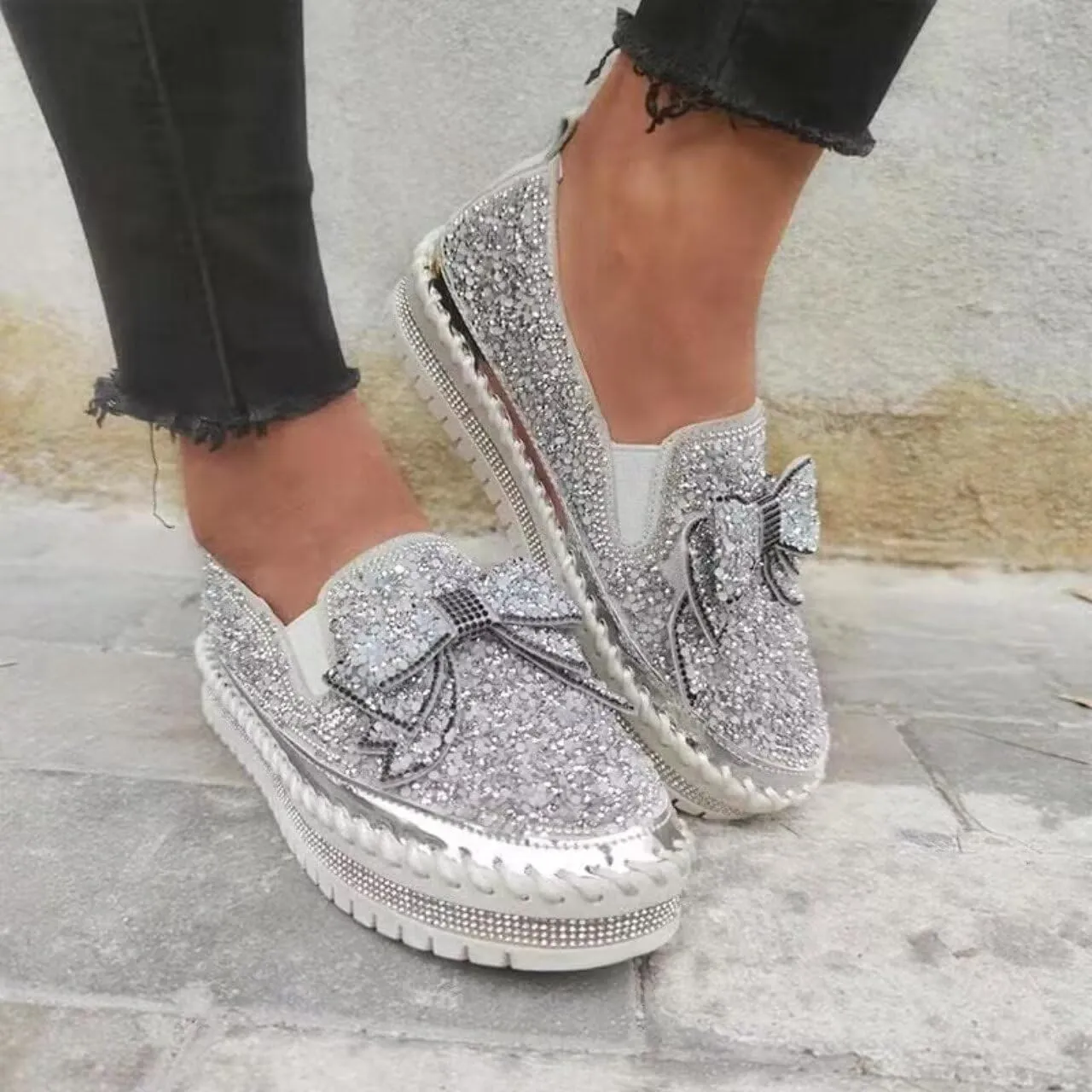Women's Sneakers Rhinestones Glitter Platform Slip On Casual Cute Bowknot Shiny Walking Shoes Comfortable Dress Flat Loafers