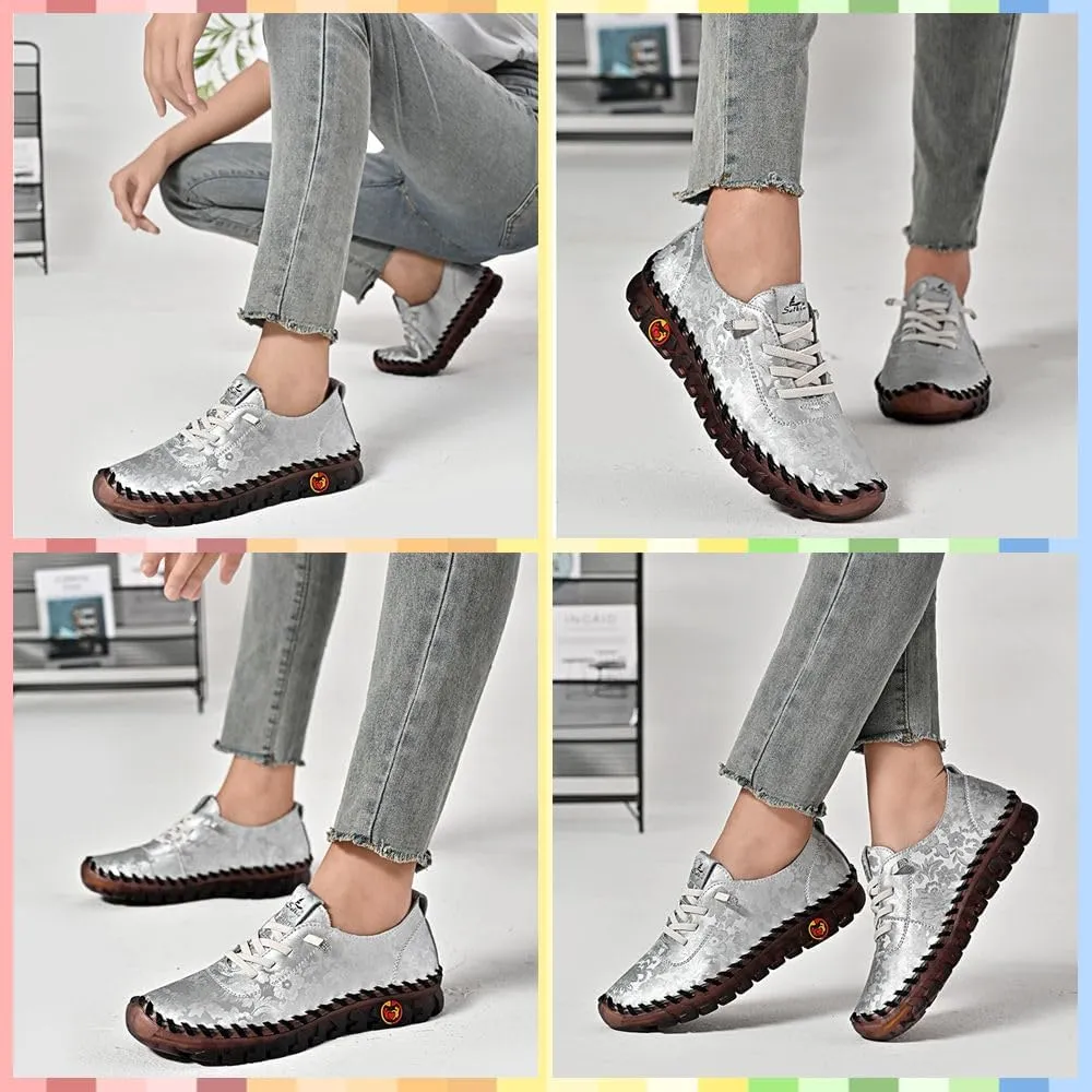 Women's Soft Orthopedic Loafers – Handmade Slip-On Flats with Floral Embroidery, Cushioning, Arch Support, Anti-Slip Sole & All-Day Comfort
