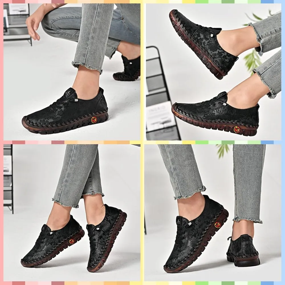 Women's Soft Orthopedic Loafers – Handmade Slip-On Flats with Floral Embroidery, Cushioning, Arch Support, Anti-Slip Sole & All-Day Comfort