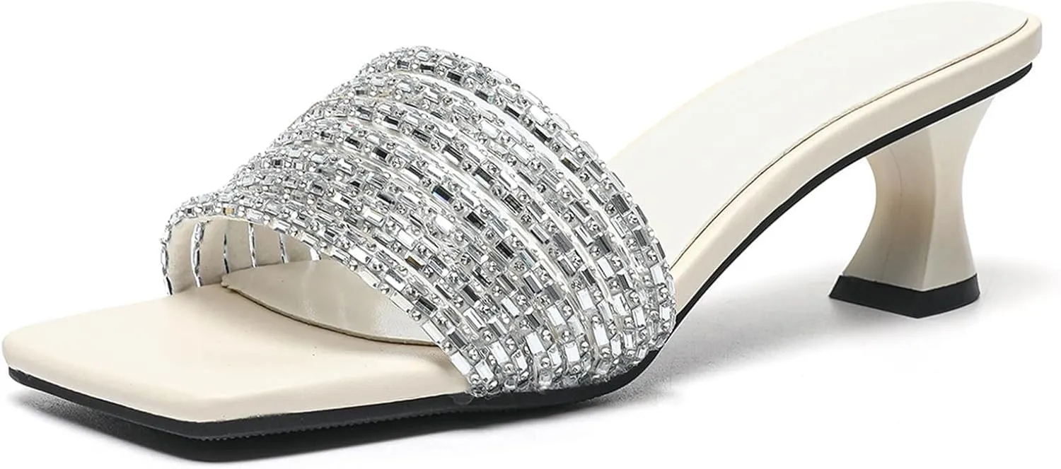 Women's Sparkly Rhinestone Strappy kitten Heel Sandals Fashion Square Open Toe Slip-On Mid Heel Dress Slides Sandals Sexy Non-Slip Daily Slides
