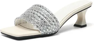 Women's Sparkly Rhinestone Strappy kitten Heel Sandals Fashion Square Open Toe Slip-On Mid Heel Dress Slides Sandals Sexy Non-Slip Daily Slides