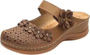 Womens Summer Slipper:2025 Leather Casual Comfort Mules Outdoor Beach Sandals with Arch Support Vintage Slip Wedge Flowers Sandals 2025