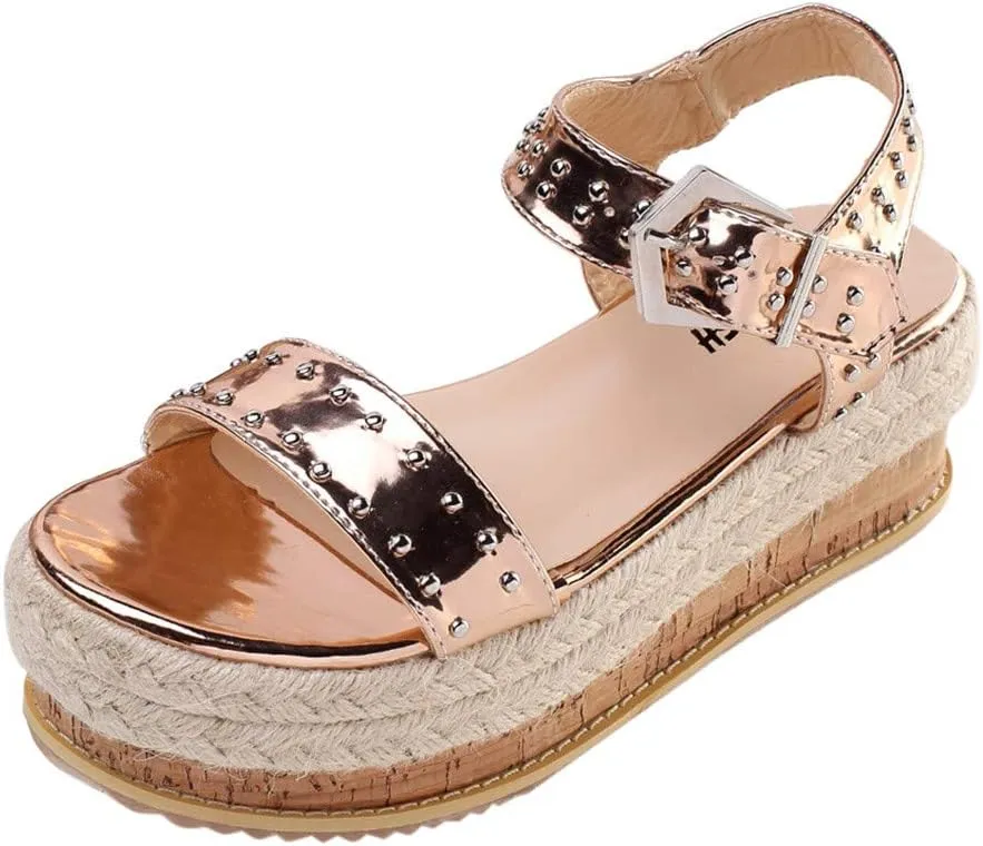 Women's Thick-Soled Sandals, Hand-Woven Hemp Rope Platform Female Belt Buckle Flat Rivet Beach Shoes