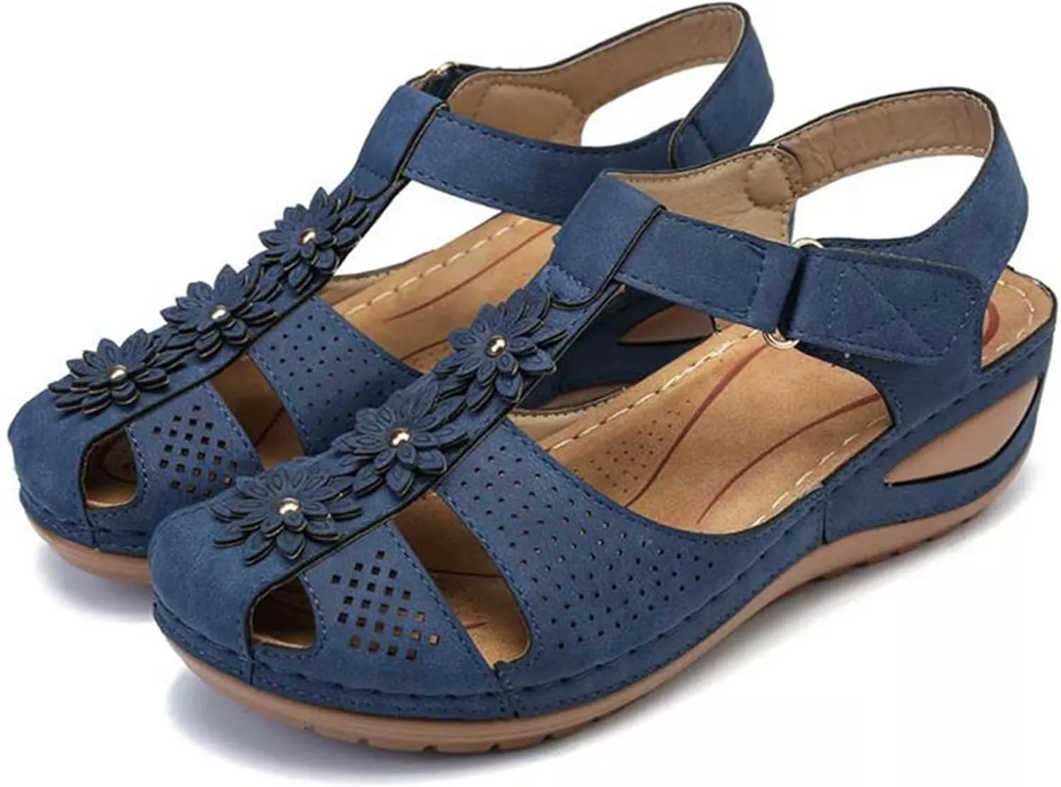 Womens Wedge Sandals Vintage Hollow Out Ankle Strap Closed Toe Sandals Bohemia Slip On Platform Sandal Outdoor Beach Shoes