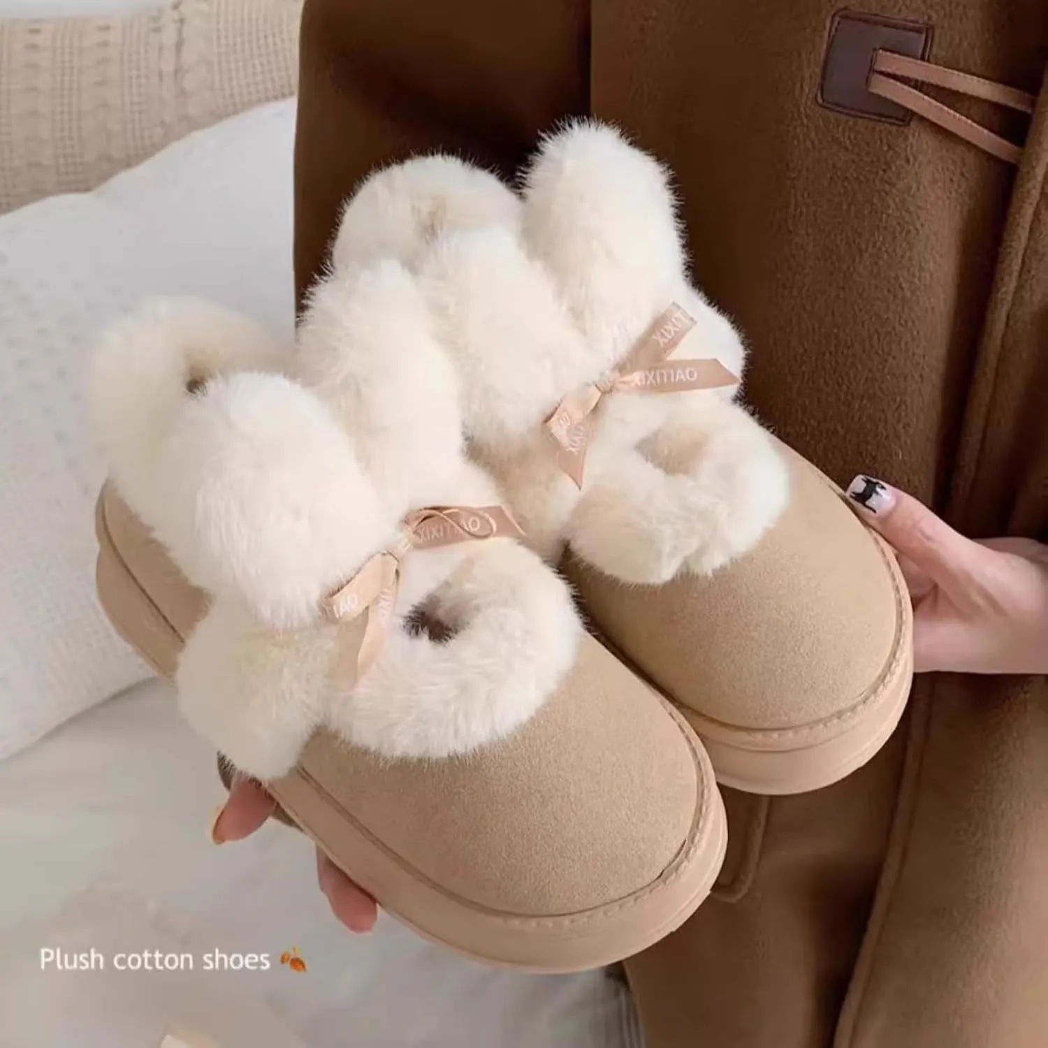 Women's Winter Plush Platform Snow Boots with Cute Fuzzy Rabbit Ears, Warm Faux Fur Slip-On Short Boots