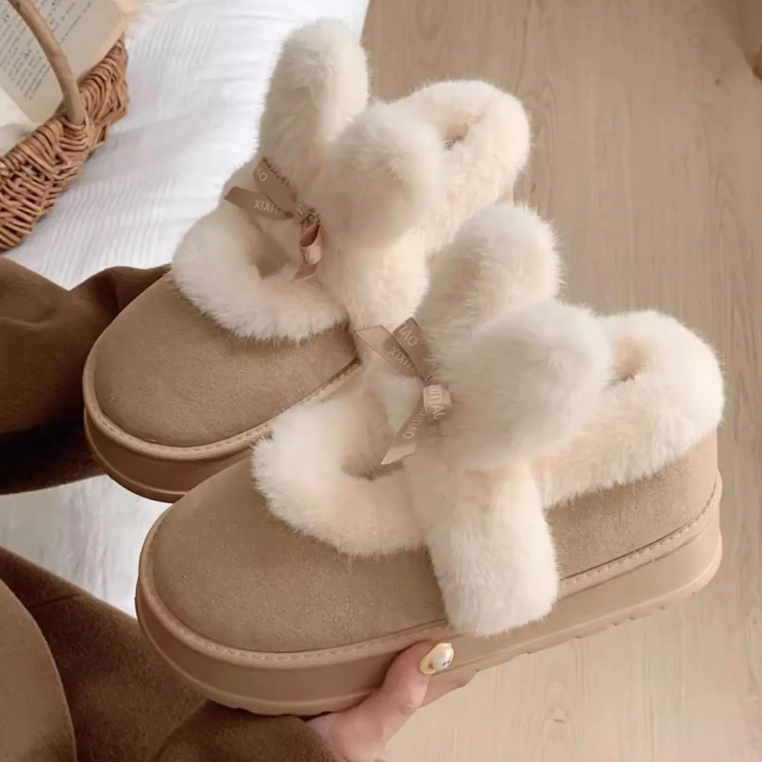 Women's Winter Plush Platform Snow Boots with Cute Fuzzy Rabbit Ears, Warm Faux Fur Slip-On Short Boots