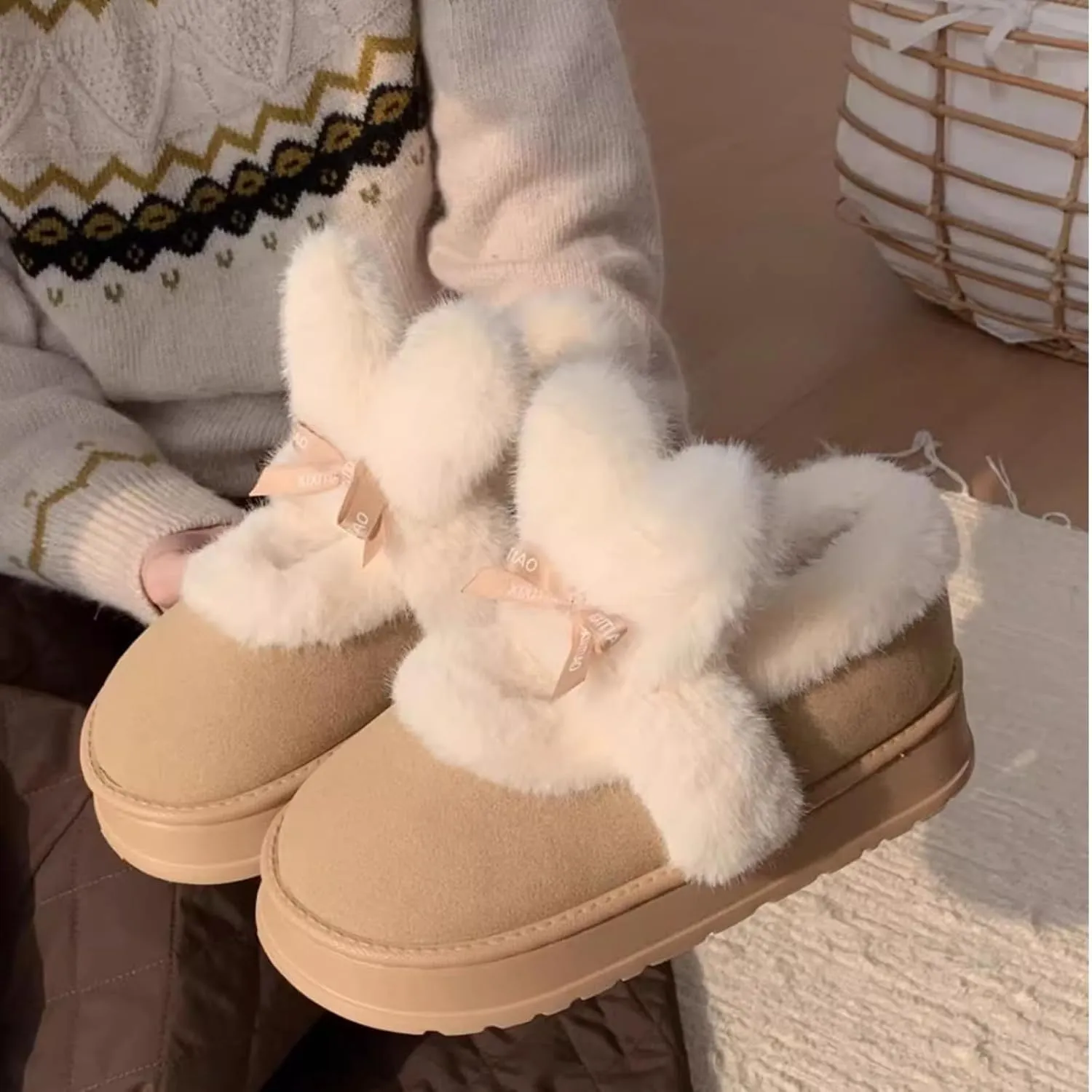 Women's Winter Plush Platform Snow Boots with Cute Fuzzy Rabbit Ears, Warm Faux Fur Slip-On Short Boots