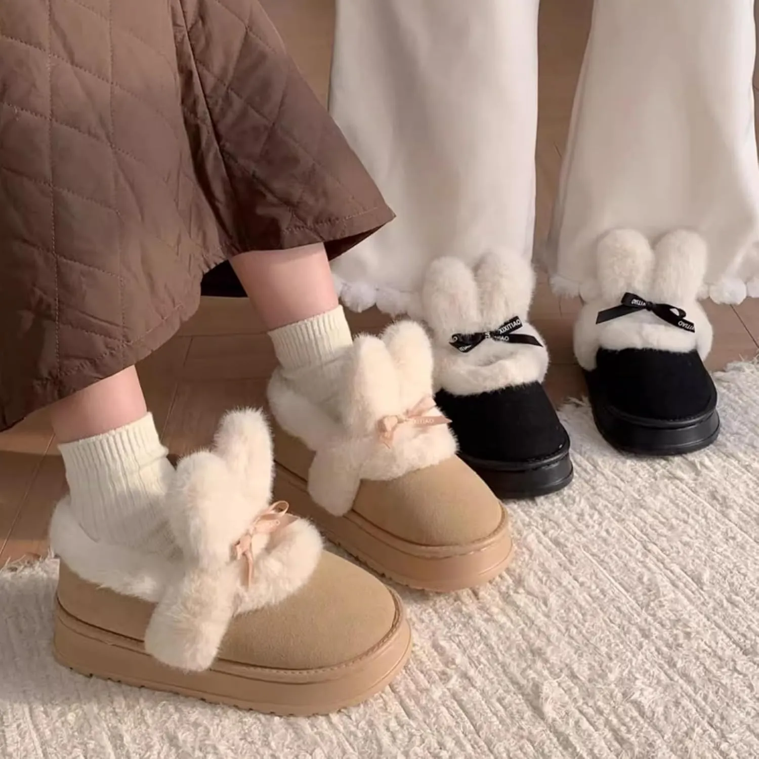 Women's Winter Plush Platform Snow Boots with Cute Fuzzy Rabbit Ears, Warm Faux Fur Slip-On Short Boots