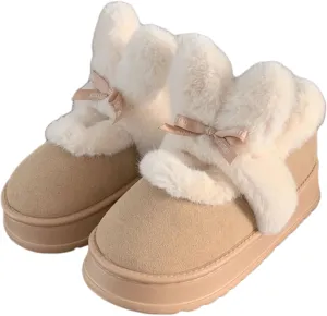 Women's Winter Plush Platform Snow Boots with Cute Fuzzy Rabbit Ears, Warm Faux Fur Slip-On Short Boots