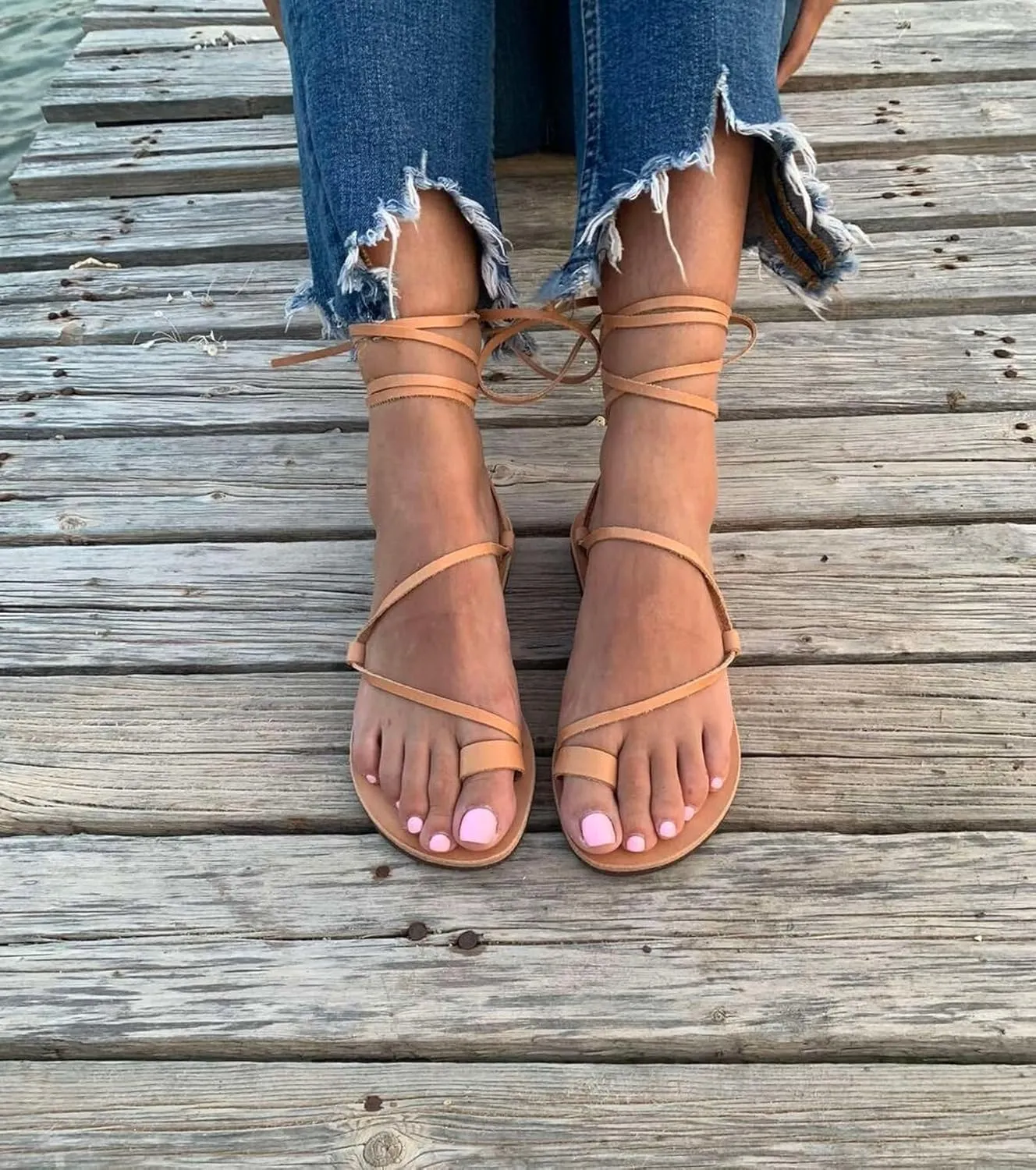 Wrap around lace up black sandals, Greek Sandals, ankle wrap straps, Gladiator sandals, ring toe flats for women, Summer Tie up sandals (US10, Rose gold)