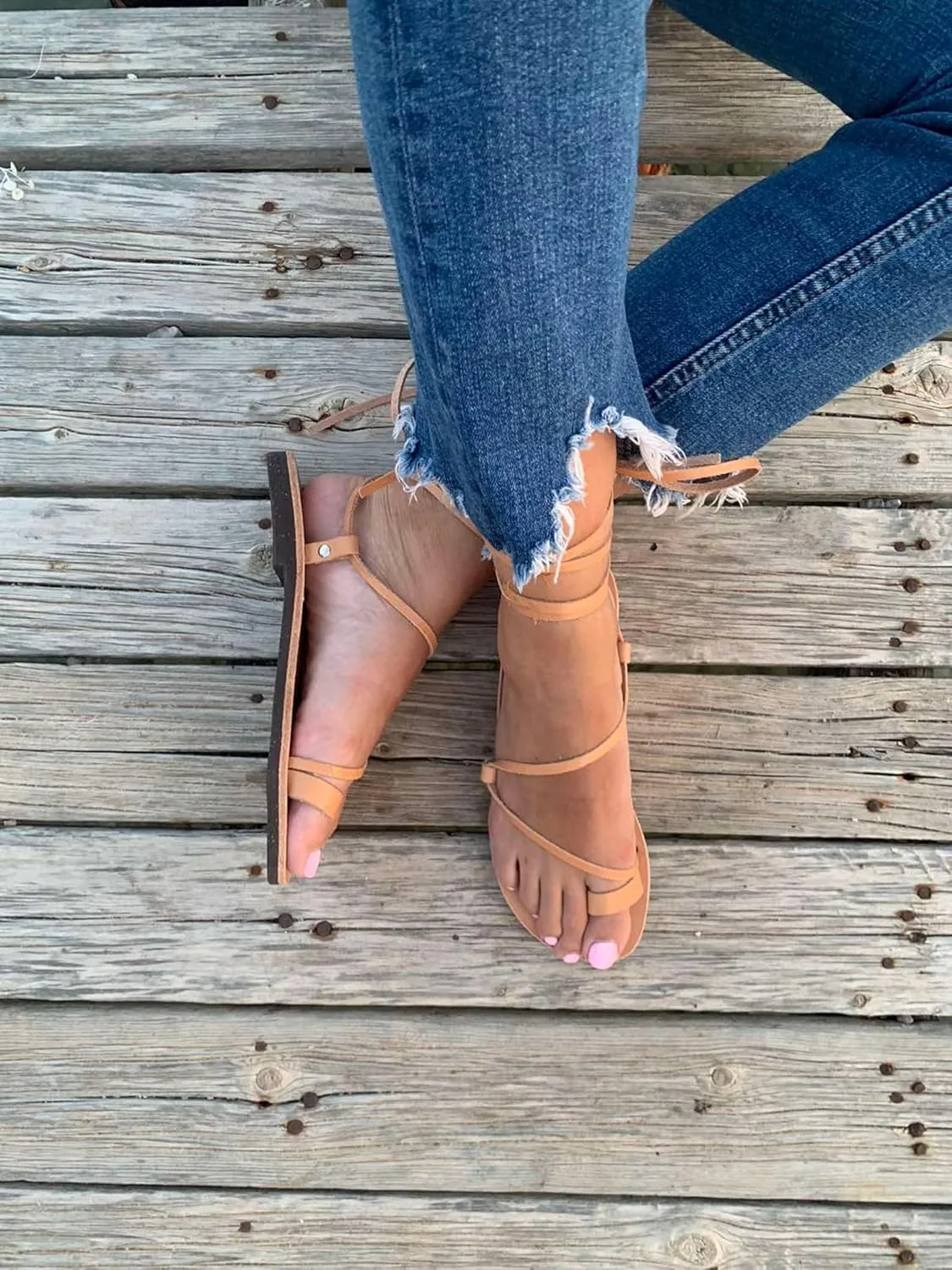 Wrap around lace up black sandals, Greek Sandals, ankle wrap straps, Gladiator sandals, ring toe flats for women, Summer Tie up sandals (US10, Rose gold)
