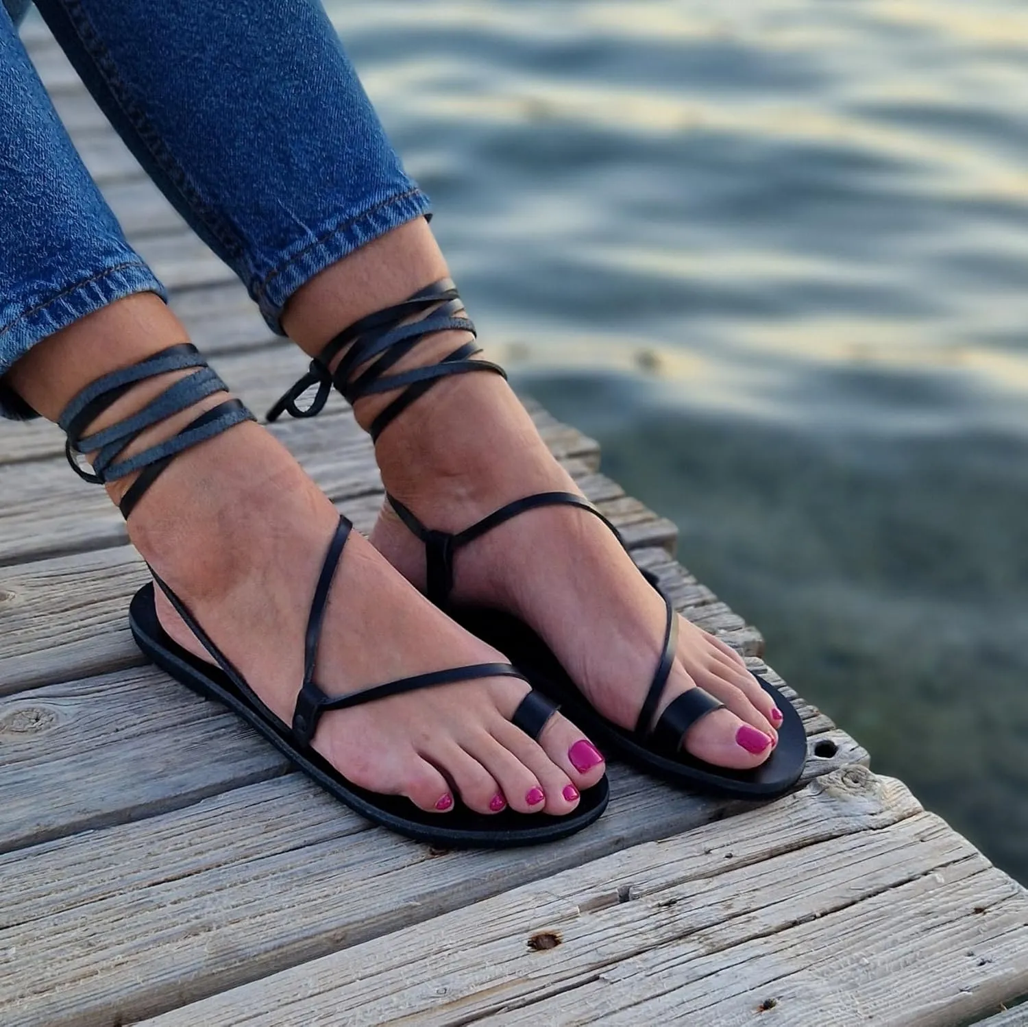 Wrap around lace up black sandals, Greek Sandals, ankle wrap straps, Gladiator sandals, ring toe flats for women, Summer Tie up sandals (US10, Rose gold)
